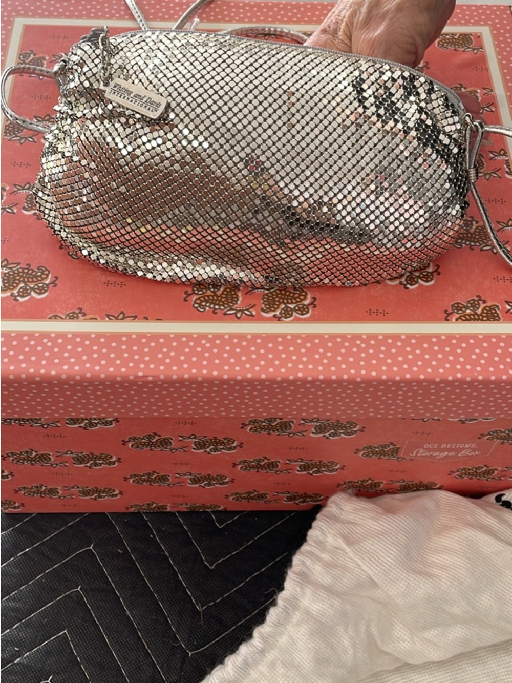 Whiting & Davis Silver Mesh Wristlet Clutch with Chain